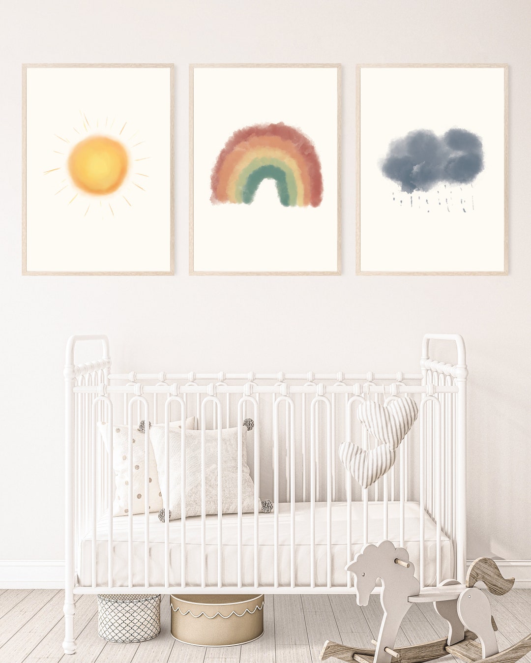 Watercolor Rainbow Sunshine and Raincloud Set of 3 Prints, Neutral ...