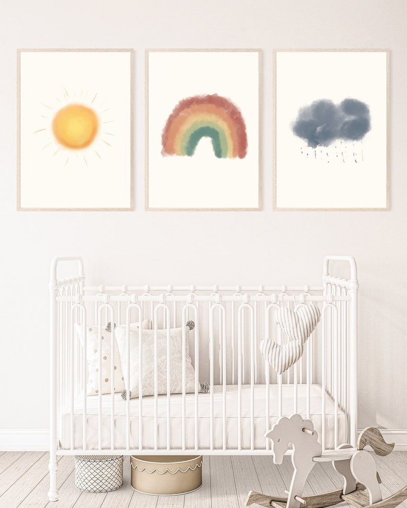 Watercolor Rainbow Sunshine and Raincloud Set of 3 Prints, Neutral ...