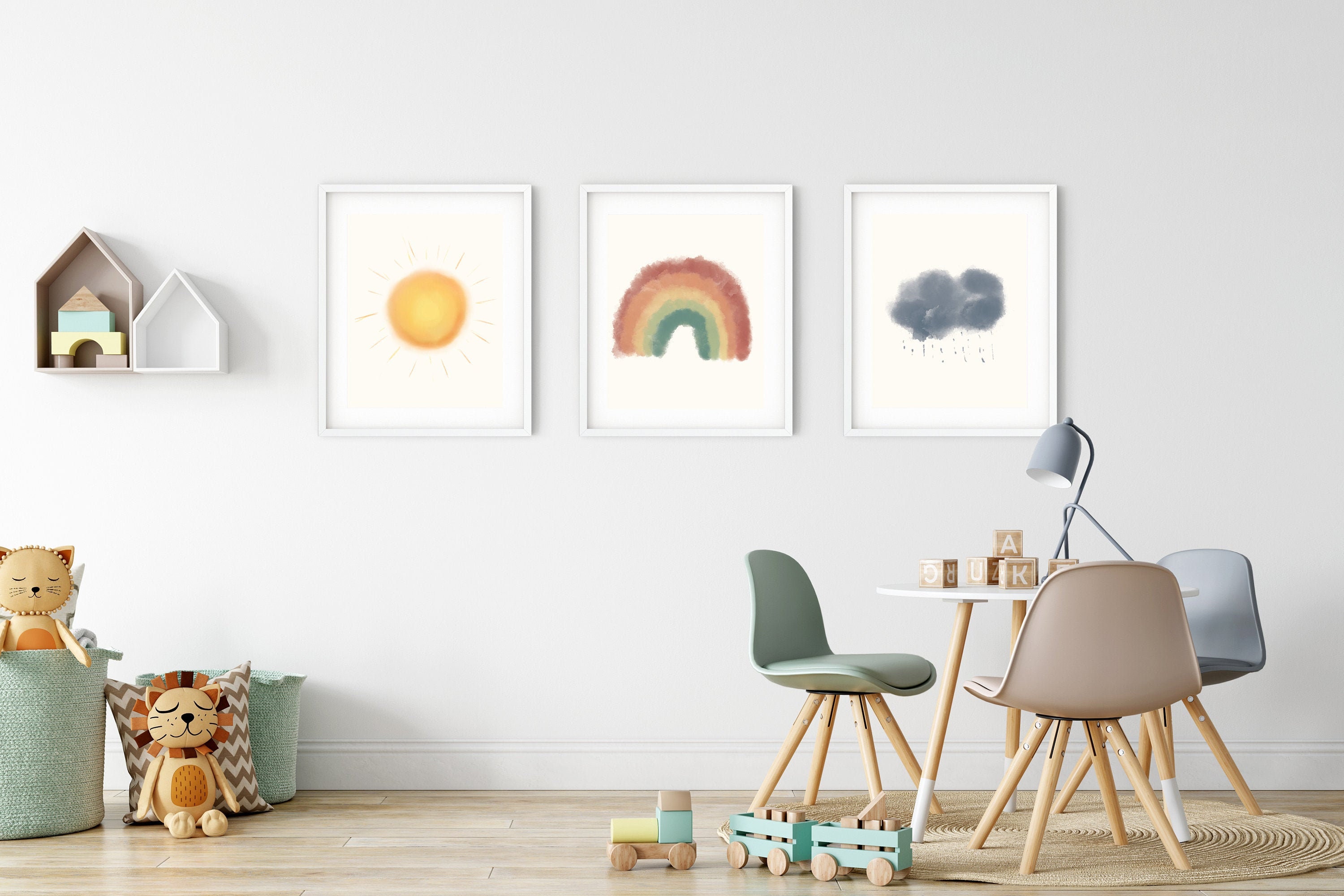 Watercolor Rainbow Sunshine and Raincloud Set of 3 Prints, Neutral ...
