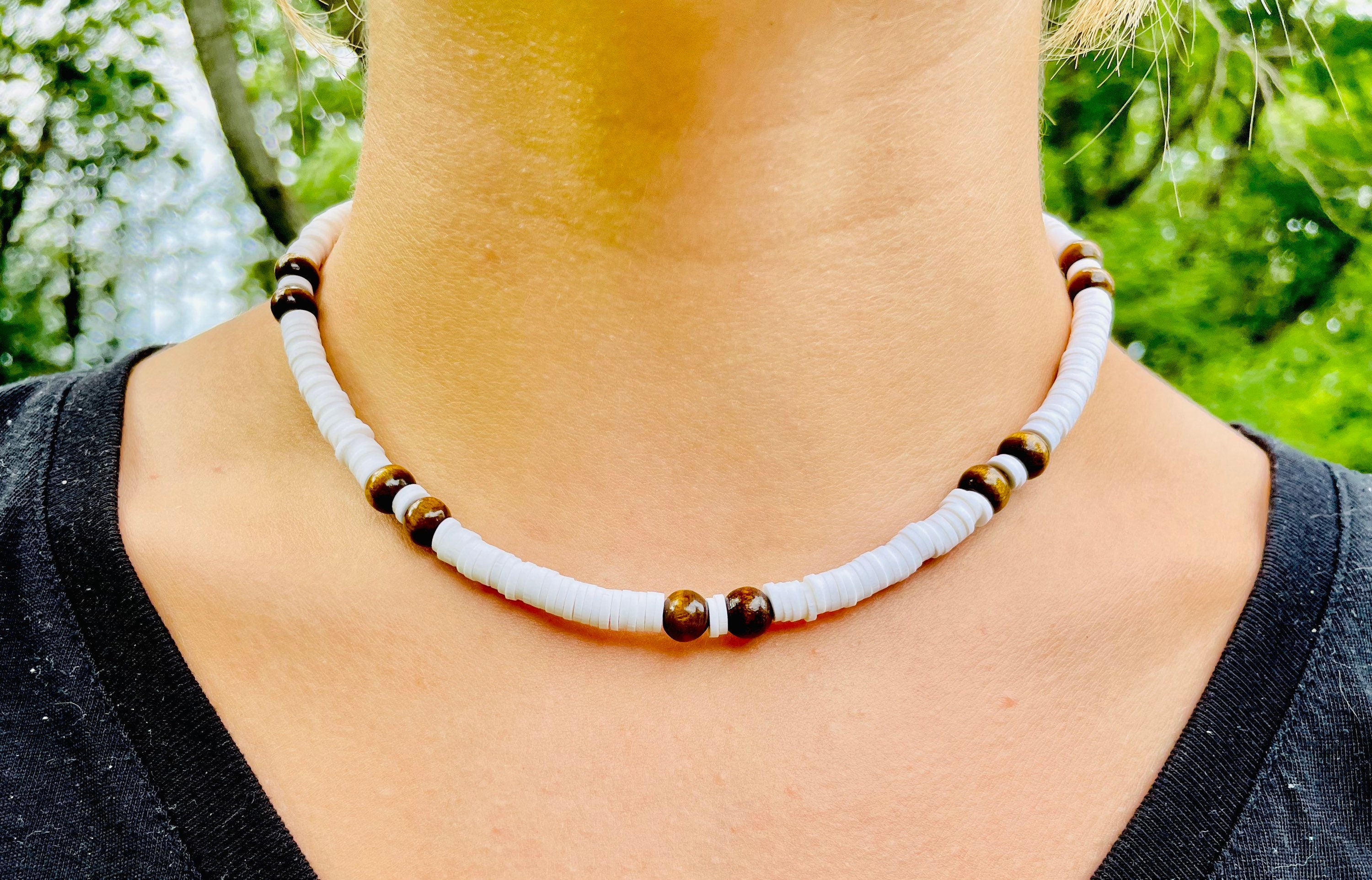 White Clay Beaded Necklace with Wooden Beads Etsy