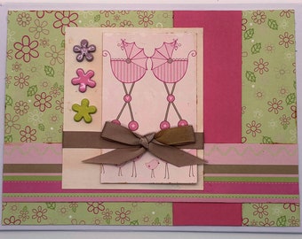 TWIN BABY BUGGIES For Sweet Girls Handmade Greeting Card