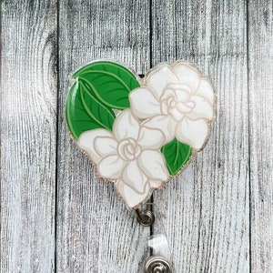 Choice of Hawaiian heart shaped floral badge reel - acrylic ID badge clip - Hawaii - tropical flowers - plumeria - monstera - gardenia