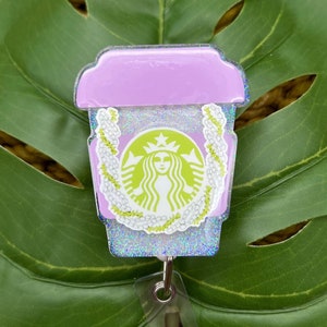 Pikake Pakalana Lei Coffee Cup Acrylic Glitter Badge reel - coffee cup badge reel - Hawaiian lei badge reel - retractable ID holder