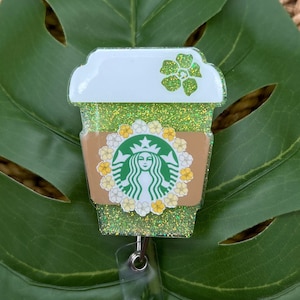 Puakenikeni lei coffee cup acrylic glitter badge reel - Hawaiian badge reel - retractable badge reel - ID badge holder - badge reel clip