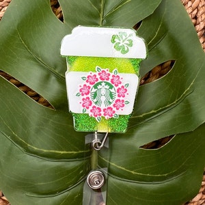 Hawaiian Hibiscus Coffee to go Acrylic Glitter Badge reel - hibiscus coffee ID holder - hawaiian badge reel - Hawaiian nurse badge reel