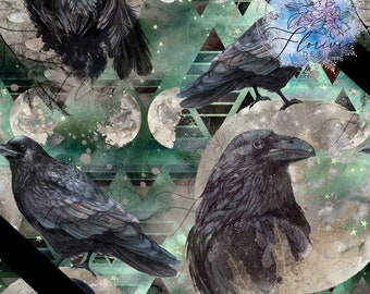 Seamless digital pattern Digital paper, watercolor, Crow, animal, mystic, moon, night, stars, mountain, forest, nature
