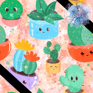Seamless digital pattern Watercolor, plants, cacti, cute, peach, pastel, nature, abstract, animal, green, tree, green, blue