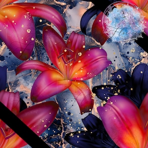 Peut inclure: Un motif sans couture représentant des lys roses et orange avec des accents dorés sur un fond marbré bleu et blanc.