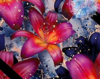 Seamless digital pattern Floral emerveillement, watercolor, abstract, flower, blue, red, peach, sweet, cute, magic, gold
