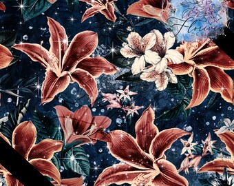 Seamless digital pattern (seamless) Flower, tropic, hibiscus, navy, blue, orange, red, plants, exotic, magic, stars, water, sea, beach
