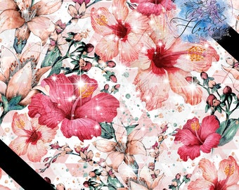 Seamless digital pattern Rocambolesque, flower, pink, watercolor, cute, sweet, stars, white, geometric