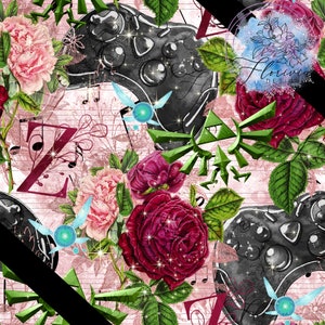 Peut inclure: Un motif sans couture représentant une manette de jeu vidéo noire et blanche, un symbole Triforce vert, des roses roses et rouges avec des feuilles vertes sur un fond rose et blanc avec des notes de musique.