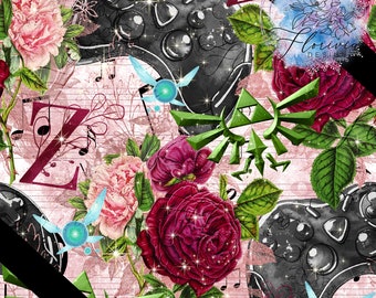 Seamless digital pattern Inspiration Z, link, flower, music, pink, green, red, magic, game, videogame, gaming, geek