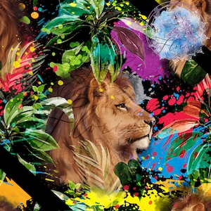 Peut inclure: Un imprimé d'art numérique représentant un lion dont le visage est partiellement visible. Le lion est entouré de feuilles tropicales et d'éclaboussures de peinture colorées dans des tons de rouge, bleu, vert, jaune et violet. Le fond est noir.