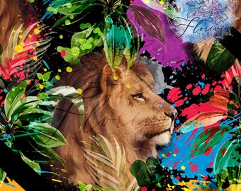 Seamless digital pattern Digital paper, animal, lion, colorfull, splash, ink, black, flash, predators, abstract, plants