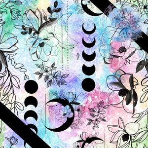 Peut inclure: Un motif sans couture composé d'illustrations florales noires et blanches avec des phases de lune sur un fond aquarelle aux nuances de rose, bleu et vert.
