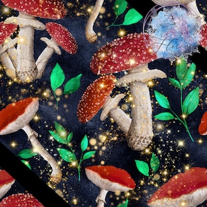 Motif numérique sans couture (seamless) Champignons Enchantes, mushrooms, magic, food, forest, plant, red, green, enchanted, watercolor blue