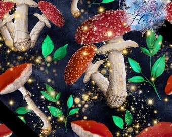Seamless digital pattern Enchant mushrooms, mushrooms, magic, food, forest, plant, red, green, enchanted, watercolor blue