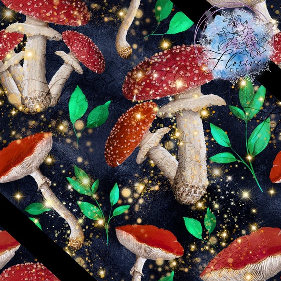 Motif numérique sans couture (seamless) Champignons Enchantes, mushrooms, magic, food, forest, plant, red, green, enchanted, watercolor blue