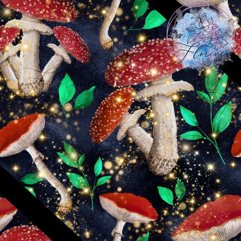 Seamless digital pattern Enchant mushrooms, mushrooms, magic, food, forest, plant, red, green, enchanted, watercolor blue image 1