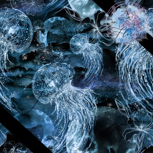 2 Seamless digital patterns Watercolor, abstract, medusa, marine, sea, water, mandala, bubble, blue, light, dark, moon