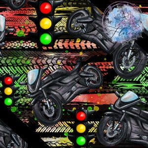 May include: A seamless pattern featuring black motorcycles, traffic lights, and tyre tread designs. The background is a mix of red, green, yellow, and black.