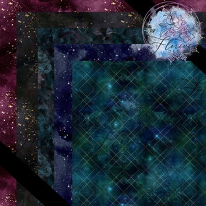 May include: A digital paper pack with four different designs featuring a galaxy background with gold geometric shapes and a floral pattern. The designs are in shades of blue, purple, and black.