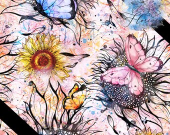 Digital papers, Seamless, Summer, Pastel, Flower, Butterfly, Sunflower, draw, abstract, peach, sweet, soft, cute, girly, purple, yellow