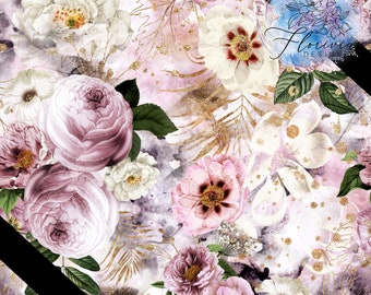 Seamless digital pattern Flower, cotton candy, pastel, pink, blue, soft, sweet, gold, plants, luxury, girly, rose, garden
