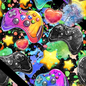 Peut inclure: Un motif sans couture représentant des manettes de jeu vidéo colorées, des cœurs et des étoiles sur un fond noir avec des éclaboussures d'aquarelle.