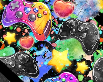 Seamless digital pattern Gaming, gamers, stars, heart, flask, ink, video, black, colorfull, flash