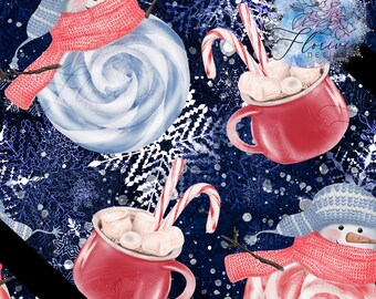 Seamless digital pattern Digital paper, watercolor, snowman, white, winter, happy, cute, food, candy, chocolate, snowflakes