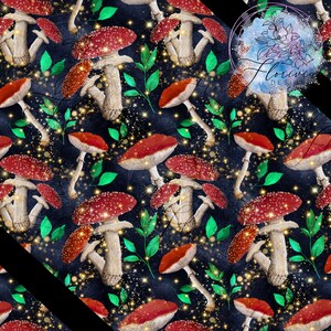 May include: A seamless pattern featuring red and white mushrooms with white spots on a dark blue background with gold glitter. Green leaves are scattered throughout the pattern.