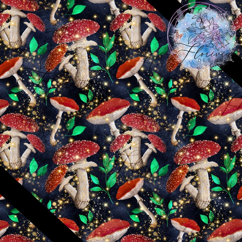 May include: A seamless pattern featuring red and white mushrooms with white spots on a dark blue background with gold glitter. Green leaves are scattered throughout the pattern.