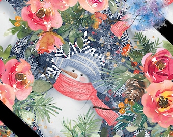 Seamless digital pattern Digital paper, watercolor, snow, cute, flower, snowman, orange, white, outside, cold, snowflakes