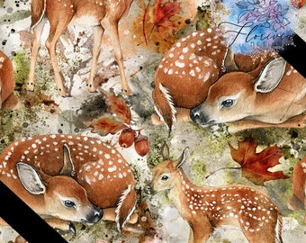 Seamless digital pattern digital paper, Watercolor, forest, animal, deer, baby, nature, leaves, plants, trees, cute, woods,