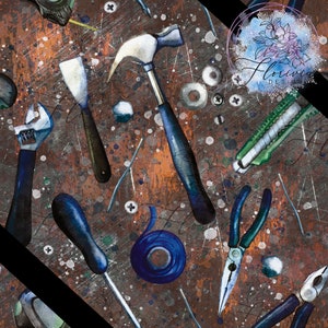 May include: A seamless pattern featuring various tools on a rusty brown background with white and blue paint splatters. The tools include a hammer, wrench, pliers, screwdriver, putty knife, and a roll of blue tape.