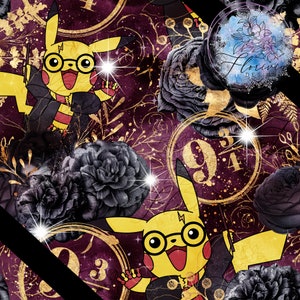 May include: A seamless pattern featuring Pikachu dressed as Harry Potter, with gold accents and dark purple and black floral elements. The design includes the numbers 9 3/4, and a floral logo.