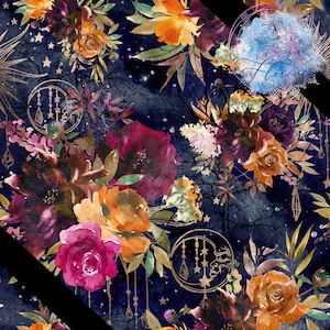 Seamless digital pattern Watercolor, floral, spiritual, night, galaxy, stars, sun, moon, magic, gold, light, flower, surreal