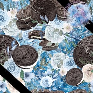 Peut inclure: Un motif sans couture représentant des biscuits Oreo et des roses bleues en aquarelle sur un fond bleu. Les biscuits sont empilés et dispersés dans tout le motif. Les roses sont en différents stades de floraison et ont un aspect délicat et romantique.