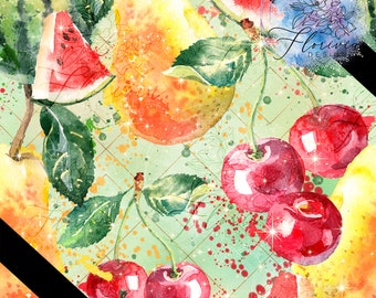 Seamless digital pattern Juicy Fruity, fruit, colorfull, watercolor, geometric, cherry, pear, melon, green, yellow, red