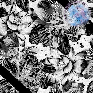 2 sömlösa digitala mönster Digitalt papper, blomma, spets, svartvitt, teckning, abstrakt, akvarell, bläck, nattlig, trädgård