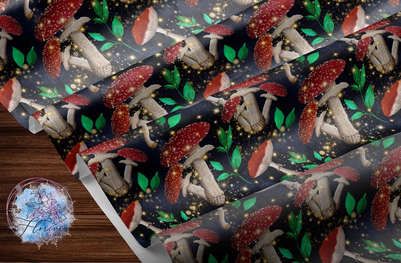May include: A seamless pattern featuring red and white mushrooms with white spots on a dark blue background. The mushrooms are surrounded by green leaves and gold glitter.