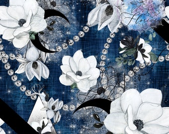 2 digital patterns without running (seamless) White Flowers, Spiritual, denim, fabric texture, abstract, luxury, watercolor, black, white,