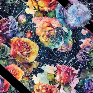 Digital paper, seamless pattern, colorful, flowers, watercolor, ink, dark, flash, night, roses, stars, galaxy, green, yellow, red, plants