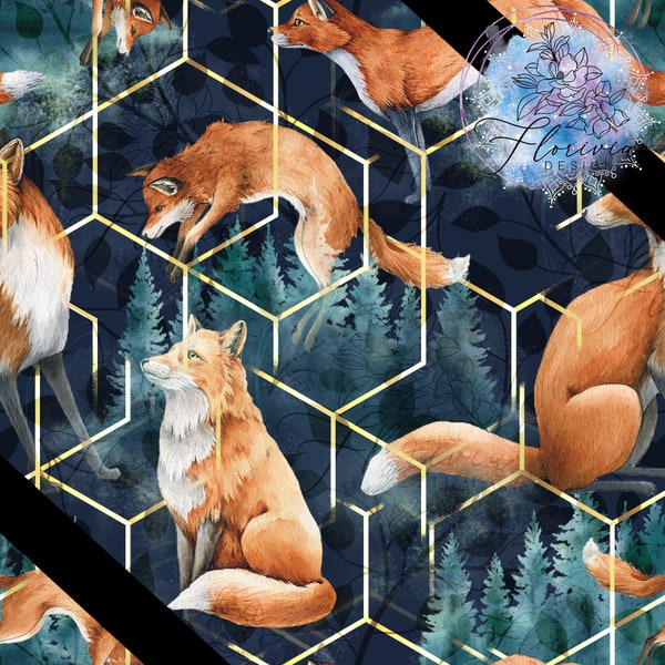 Motif numérique sans couture (seamless) digital paper, fox, watercolor, forest, plant, green, geometric, gold, dark, animal, feline