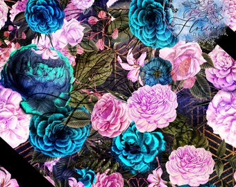 Seamless digital pattern Flower, luxury, geometric, watercolor, pink, blue, petals, plants, leaves, gold, stars, glitters