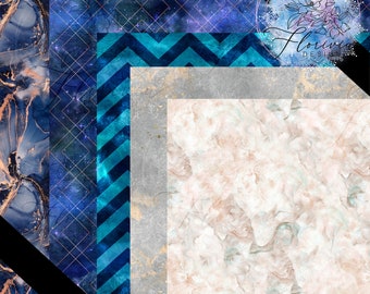 5 seamless digital patterns Digital paper, background, texture, dark, luxury, abstract, blue, gold, geometric, marble, ink
