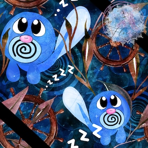 Könnte beinhalten: Ein nahtloses Muster mit einer blauen Comicfigur mit großen Augen und einem spiralförmigen Mund, die auf einem blauen Hintergrund mit braunen Schiffsrädern und wirbelnden Mustern schläft. Die Figur wiederholt sich im gesamten Muster.