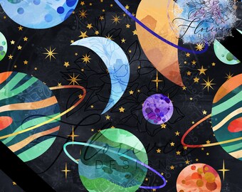 Seamless digital pattern Planets, galaxy, universe, watercolor, moon, stars, gold, colorfull, cute, sweet, night, spatial